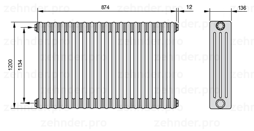 Схема (чертеж) Радиатор Zehnder Charleston 4120/19 №1270 Белый глянцевый RAL 9016